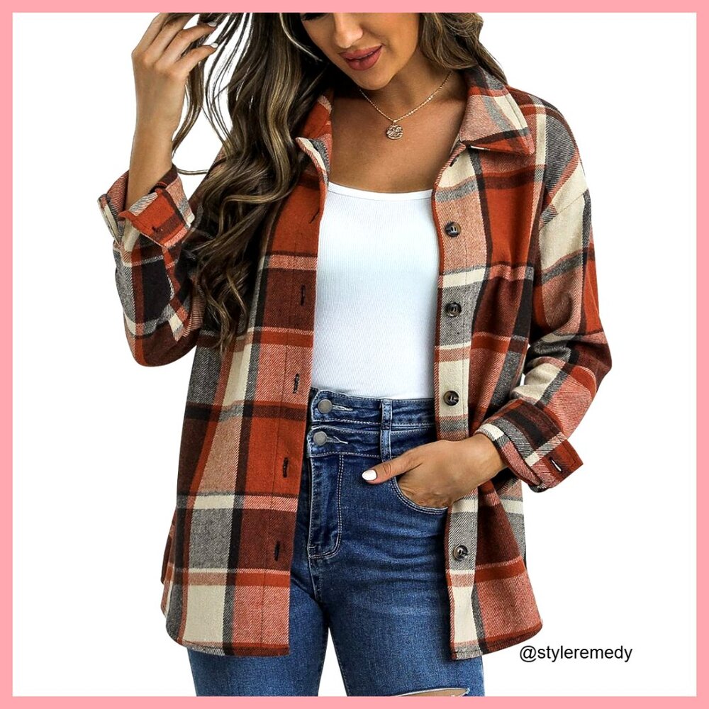 Flannel Button Down Shacket Lapel Oversize Fit Ca… - image 1